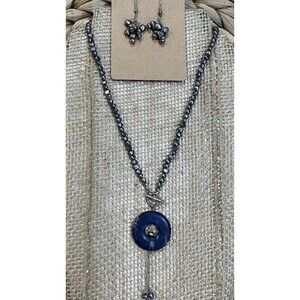 VTG Black Peacock Pearls W/ Lapis Pendant Necklace Set Silver Toggle Old Money